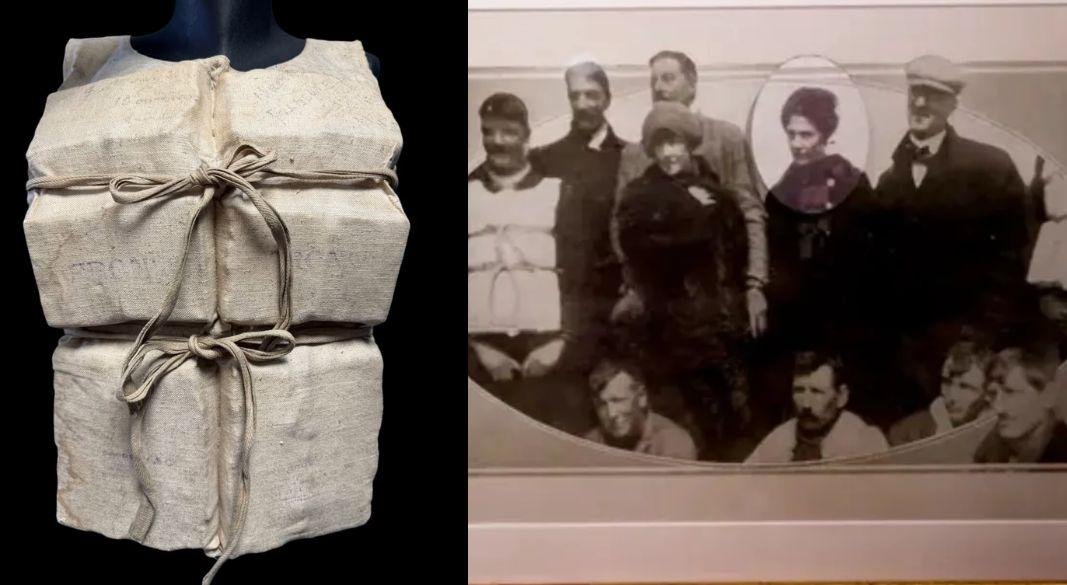 লাইফবোটে থাকা অন্যান্য উত্তরজীবীদের সাথে লরা মেবেল ফ্রাঙ্কাতেলি (বৃত্ত চিহ্নিত)। জাহাজে থাকা ২,২২০ জন যাত্রীর মধ্যে মাত্র ৭০০ জনের মতো বেঁচে ফিরতে পেরেছিলেন (ডানে)। নিলামে ওঠা সেই লাইফ জ্যাকেট (বাঁয়ে)।