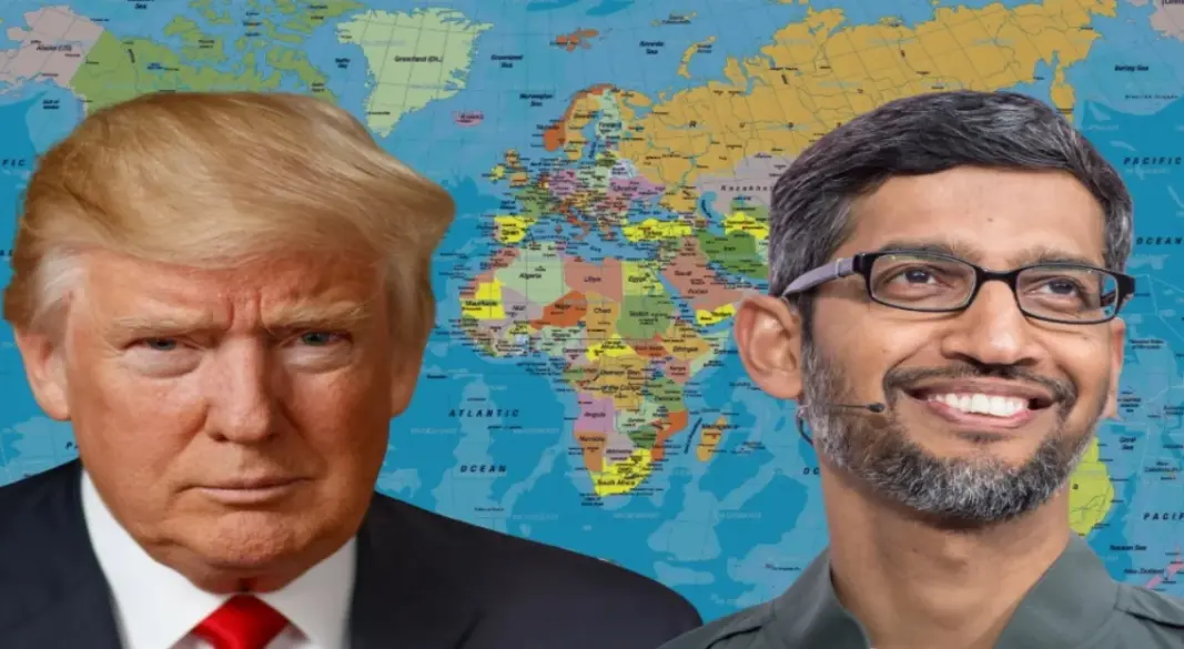 আটলান্টিক মহাসাগরের নাম পরিবর্তনের প্রস্তাব নিয়ে গুগল সিইও সুন্দর পিচাইয়ের সঙ্গে কথা বলার দাবি করেছেন ডোনাল্ড ট্রাম্প। গ্রাফিক্স: আমেরিকা বাংলা