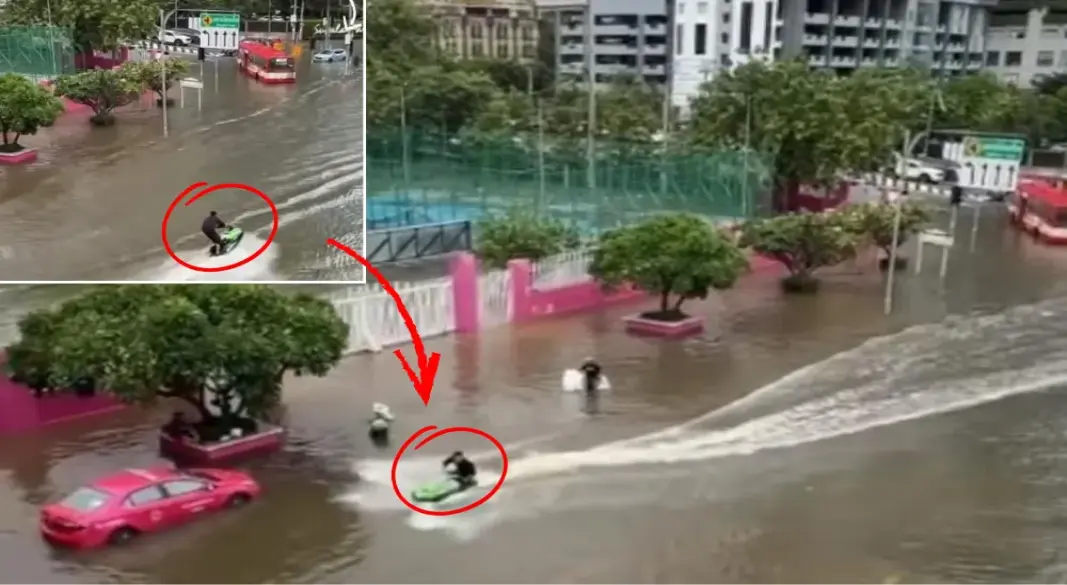 থাইল্যান্ডের রাজধানী ব্যাংককে বন্যার পানিতে ডুবে থাকা রাস্তায় জেট স্কি চালানোর ঘটনায় এক ব্যক্তিকে জরিমানা ও স্থগিত কারাদণ্ড দিয়েছেন আদালত। ছবি: সংগৃহীত