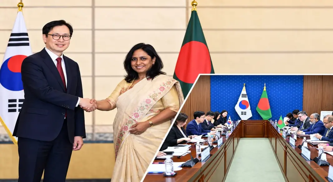 সিউলে দক্ষিণ কোরিয়ার ফার্স্ট ভাইস মিনিস্টার পার্ক ইউন-জুর সঙ্গে দ্বিপক্ষীয় বৈঠকে বাংলাদেশের পররাষ্ট্র প্রতিমন্ত্রী হুমায়ুন কবির। ছবি: সংগৃহীত