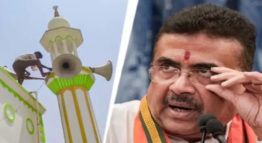 শুভেন্দু ও মসজিদ থেকে মাইক খুলার দৃশ্য। ছবি:সংগৃহীত
