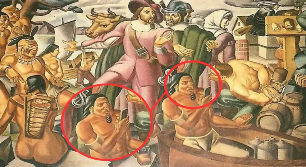 ১৯৩৭ সালে ইতালীয় চিত্রশিল্পী উমবার্তো রোমানোর আঁকা চিত্রকর্মে এক আদিবাসীর হাতে স্মার্টফোনের মতো বস্তু দেখা গেছে। ছবি: সংগৃহীত