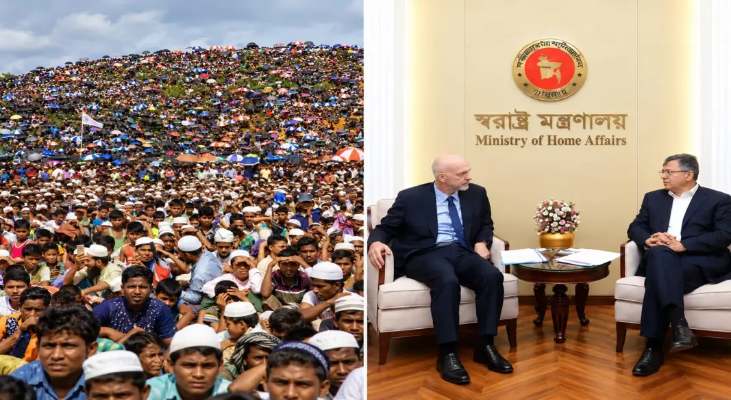 স্বরাষ্ট্র মন্ত্রণালয়ে জাতিসংঘের মিয়ানমারবিষয়ক স্বাধীন তদন্ত প্রক্রিয়ার প্রধান নিকোলাস কৌমুজিয়ানের সঙ্গে বৈঠক করছেন স্বরাষ্ট্রমন্ত্রী সালাহউদ্দিন আহমদ। ছবি: সংগৃহীত