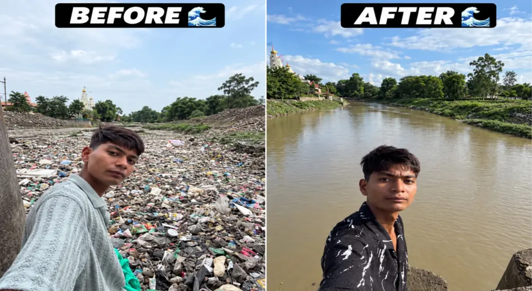 কোনোরকম সুরক্ষাসামগ্রী ছাড়াই একাই প্লাস্টিক ও আবর্জনা সরিয়ে নদী পরিষ্কার করেন এই তরুণ। ছবি: সংগৃহীত