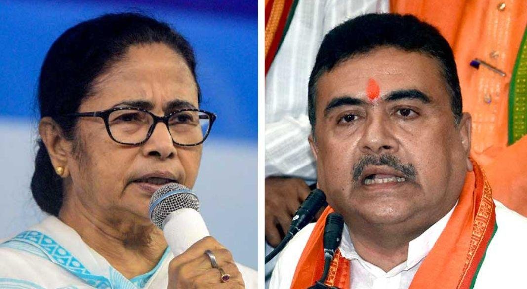 মমতা ব্যানার্জী (বাঁয়ে) ও শুভেন্দু অধিকারী (ডানে)