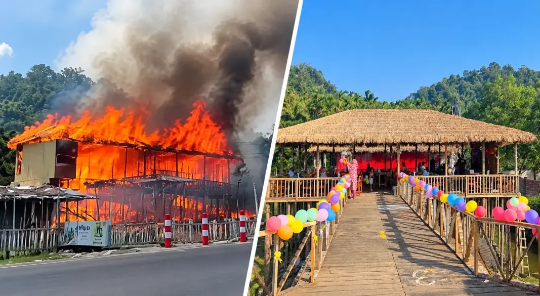 কক্সবাজারের ইনানীতে আ গুনে ক্ষতিগ্রস্ত কাঠের রিসোর্ট (ছবি: সংগৃহীত ও সম্পাদিত)